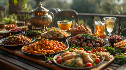 Obraz premium Ramadan iftar table with lots of food Arabic style