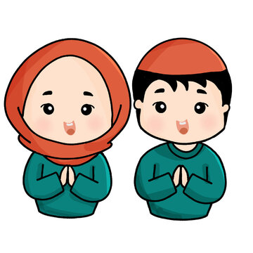 Couple cute kids moeslem illustration png