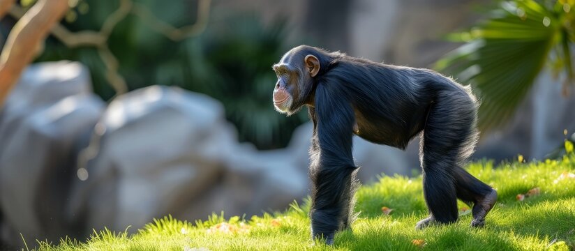 Chimpanzee walking on grass near rocks, profile view.