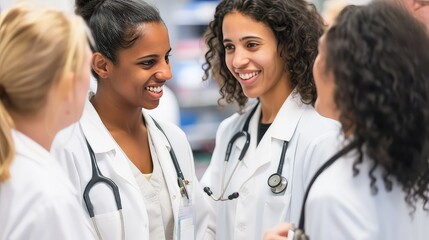 Fototapeta premium Hospital staff having fun chatting with each other during a break. Amidst the hustle, these healthcare heroes find solace in each other's company. Friends for life!