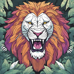 Colorful lion face line illustration tattoo art with jungle background  