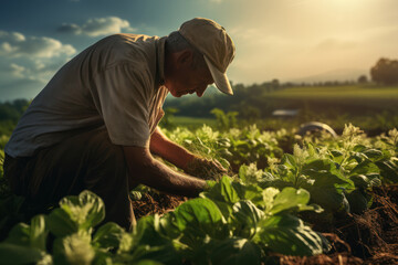 A farmer tending to crops in a sunlit field, highlighting the hard work and dedication required in agriculture. Generative Ai. - obrazy, fototapety, plakaty