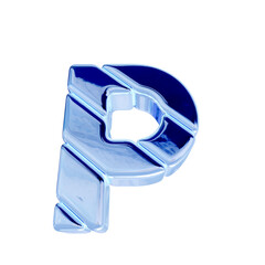 3d symbol made of blue ice diagonal blocks. letter p