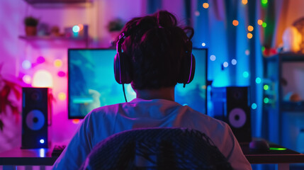 Back view of young man gamer using computer playing game brooding cast online social media with colorful Led light decoration. E-sport technology content creator lifestyle concept.