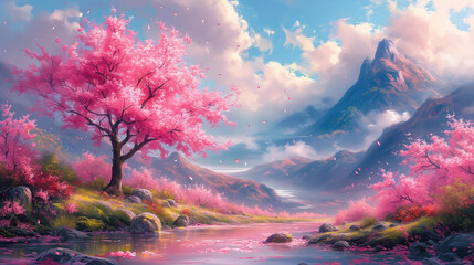 Obraz premium Beautiful idyllic view, oil painting of trees covered with flowers with mountains in the background.