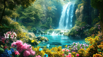 Fantasy waterfall with trees and beautiful flowers, idyllic landscape