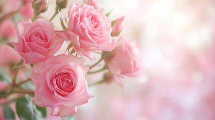 Obraz premium Pink roses background, many light pink flowers on a blurred background.