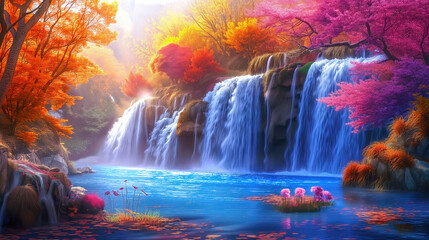 Obraz na płótnie Canvas Fantasy waterfall with autumn trees and beautiful flowers, idyllic landscape