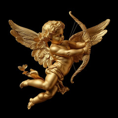 Gold metal decorative cupid isolated on black background, beautiful Baroque golden cupid with ornaments.
