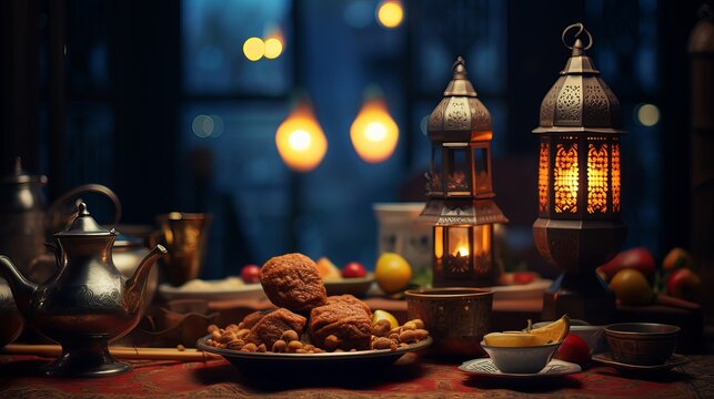 Aftar time Ramadan evening with traditional lantern. Holy Moth ramadan cocept with copyspace.