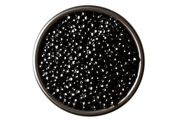 Black caviar in metal container isolated on transparent white background.