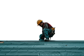 Construction worker working on top roof isolated on transparent white background.