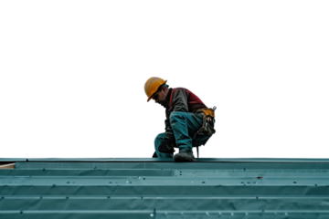 Construction worker working on top roof isolated on transparent white background.