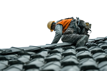 Construction worker working on top roof isolated on transparent white background.