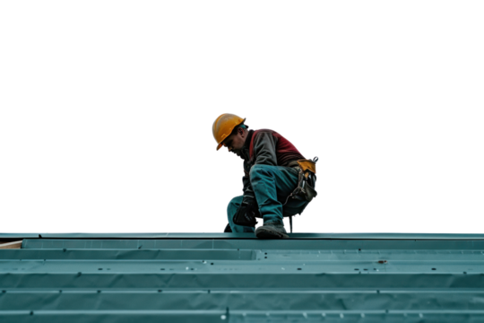 Construction worker working on top roof isolated on transparent white background.