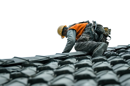 Construction worker working on top roof isolated on transparent white background.