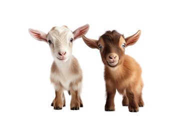 Two funny baby goats playing isolated on white transparent background.