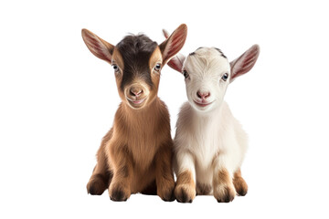 Two funny baby goats playing isolated on white transparent background.