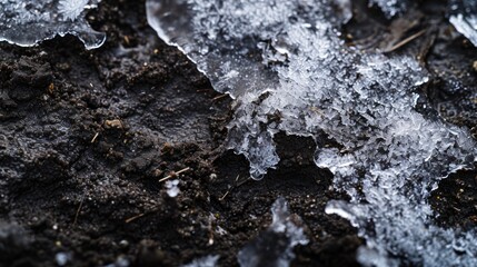 Intricate patterns of melting ice fragment over the dark, fertile soil, signaling the thaw and start of spring. - obrazy, fototapety, plakaty