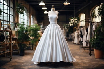 Fototapeta premium Luxurious white wedding dress on mannequin in chic bridal boutique with vintage industrial interior. Classic bridesmaid outfit.