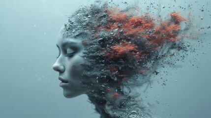 a close up of a woman's face with a lot of bubbles coming out of her head and hair blowing in the wind on a gray background of water.