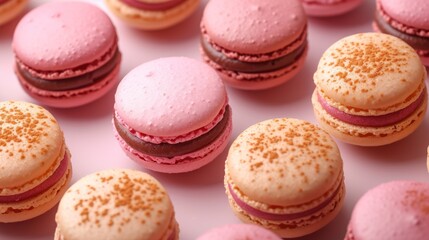 Obraz premium a group of pink and brown macaroons sitting on top of a white counter top with sprinkles on the top of the macaroons and the macaroons.