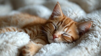  a close up of a cat laying on a blanket with its eyes closed and it's head resting on the side of the cat's head as it's head.