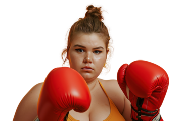 fat girl in red boxing gloves isolated on white transparent background.