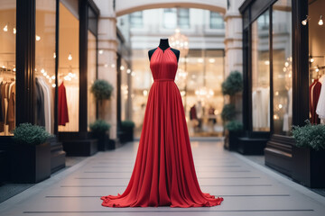Elegant luxury women's red dress on a mannequin in window display in shopping center. Dress for reception or celebration. - obrazy, fototapety, plakaty