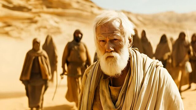 A prophet walking through the desert, followed by his disciples