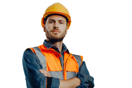 Portrait of construction worker in uniform isolated on white transparent background. - Powered by Adobe