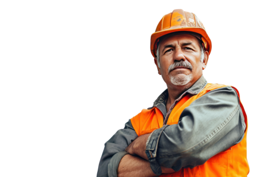 Portrait of construction worker in uniform isolated on white transparent background. - Powered by Adobe