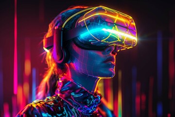 Generative AI fantasy illustration of headshot of serious woman with glowing neon colors clothes in virtual reality headset on dark background