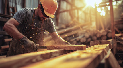 Carpintero trabajador con casco trabajando como constructor. Hombre profesional trabajando la madera al aire libre al amanecer con luz natural.


