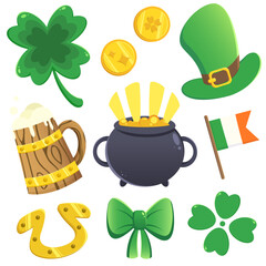 color vector set with st. patrick's day icons, with clover, gold coins, hat, horseshoe, bowler hat, beer, flag and bow