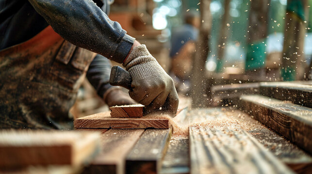 fotograf&iacute;a hiper realista de trabajador cortando madera en el exterior, luz de d&iacute;a soleado, moderna, Sony Alpha A9, Sony 85mm f/2.8 --ar 16:9 --v 6 Job ID: 9499dd59-3f10-4e8f-8adb-142e042641b8