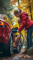 Daughter with her mother plugging up a car to use charging station for electric car