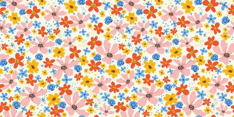 Cute Watercolor Colourful Flowers Seamless Pattern. Flower Floral Pattern Vector