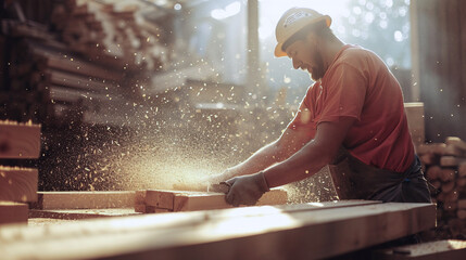 trabajador carpintero cortando madera en el exterior en el taller. Oficio de hombre artesano en madera.  - obrazy, fototapety, plakaty