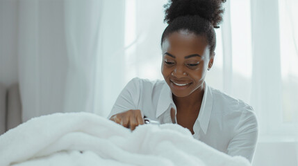 Obraz na płótnie Canvas Cheerful woman making bed at home, enjoying daily chores.