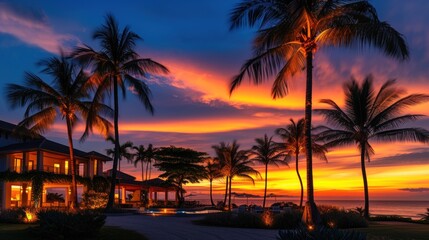 Luxurious villa surrounded by palm trees. Warm shades of sunset.