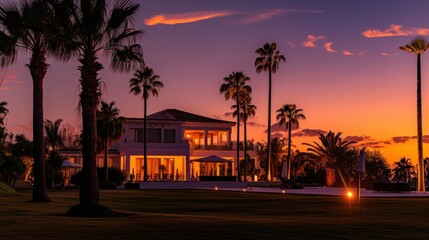 Fototapeta premium Luxurious villa surrounded by palm trees. Warm shades of sunset.