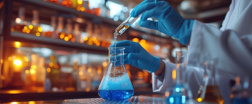 Scientist Pouring Blue Liquid Into Beaker, Design llustration Background