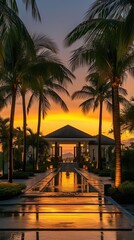 Fototapeta na wymiar Luxurious villa surrounded by palm trees. Warm shades of sunset.