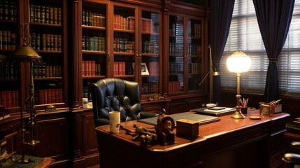 The boss's work room. Director's office with large wooden desk, leather armchair and PC. Aesthetic and elegant interior design