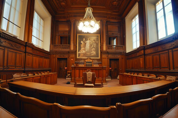 Spacious Courtroom with Judge's Seat - obrazy, fototapety, plakaty