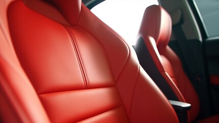 Part of red leather car seat with the unfocused car.Generative AI