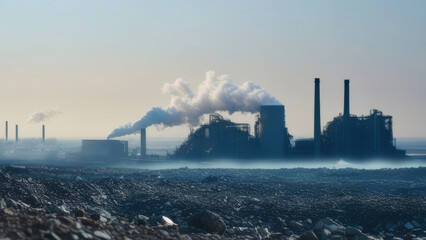 Fototapeta premium Smoking chimneys, atmospheric emissions, environmental pollution, global warming. World Earth Day, April 22, blurred background, copy space.