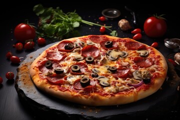 Pizza with salami, mushrooms and olives on wooden background, Tasty pepperoni pizza with mushrooms and olives with copy space, AI Generated