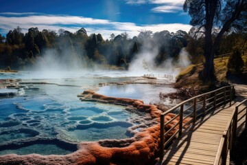 A peaceful boardwalk stretching towards a body of water, emitting mesmerizing steam, Te Puia thermal park, Rotorua town, New Zealand, AI Generated